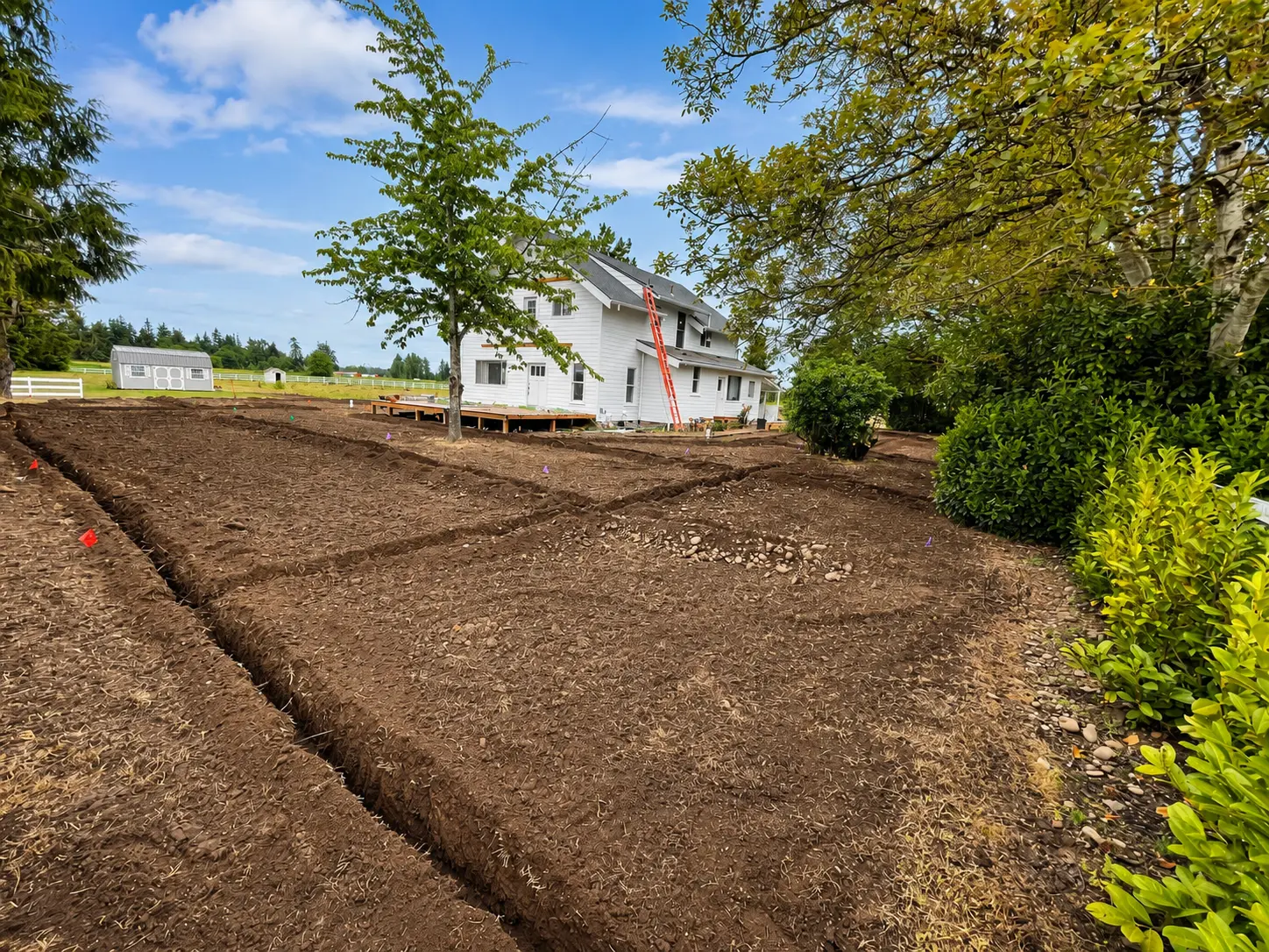 Prepared residential property with trenches for a new irrigation system before sod installation